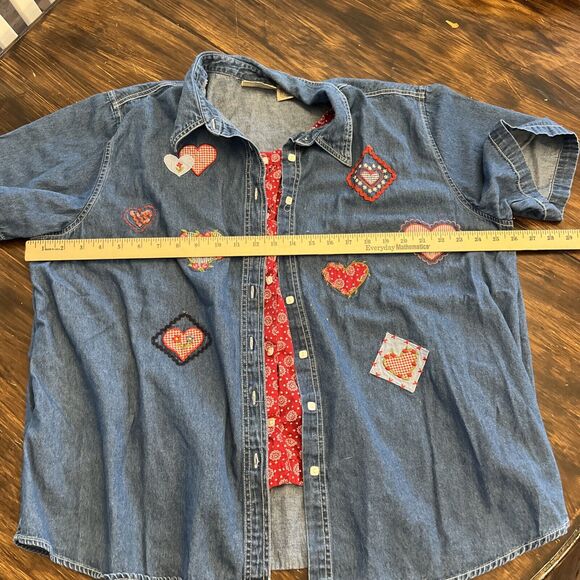 At Last Woman Size 22/24W Denim Button Up Shirt Hearts Embroidery Cottage Granny - Picture 8 of 13